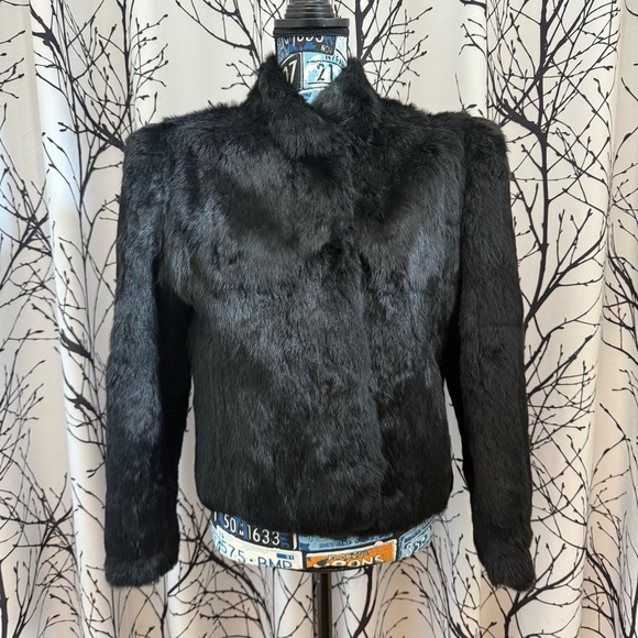 Berman's Rabbit Fur Jacket Coat Black Short Satin Lined Medium Clasp - Picture 1 of 13